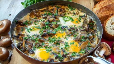 Pfanne mit Champignon-Shakshuka, geröstetes Brot und frische Champignons daneben