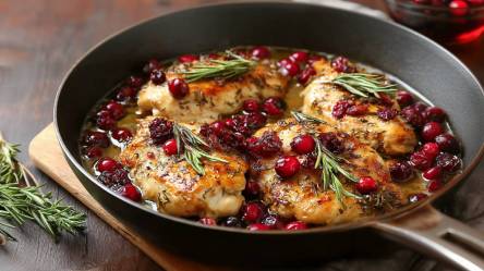 Cranberry-Hähnchenpfanne auf einem Tisch, frischer Rosmarinzweig daneben
