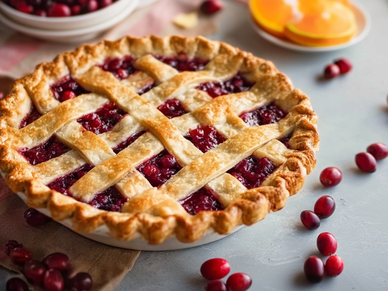 Ein Cranberry Pie, der auf einer Arbeitsfläche umgeben von frischen Cranberrys Orangen(-scheiben) und Vanilleschoten steht.