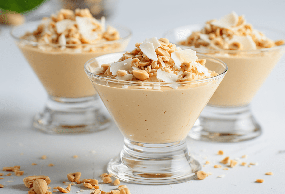 Drei Dessertgläser mit Erdnussbutter-Mousse auf einem weißen Tisch. Sie sind mit Erdnussbutter und weißer Schokolade garniert.