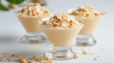 Drei Dessertgläser mit Erdnussbutter-Mousse auf einem weißen Tisch. Sie sind mit Erdnussbutter und weißer Schokolade garniert.