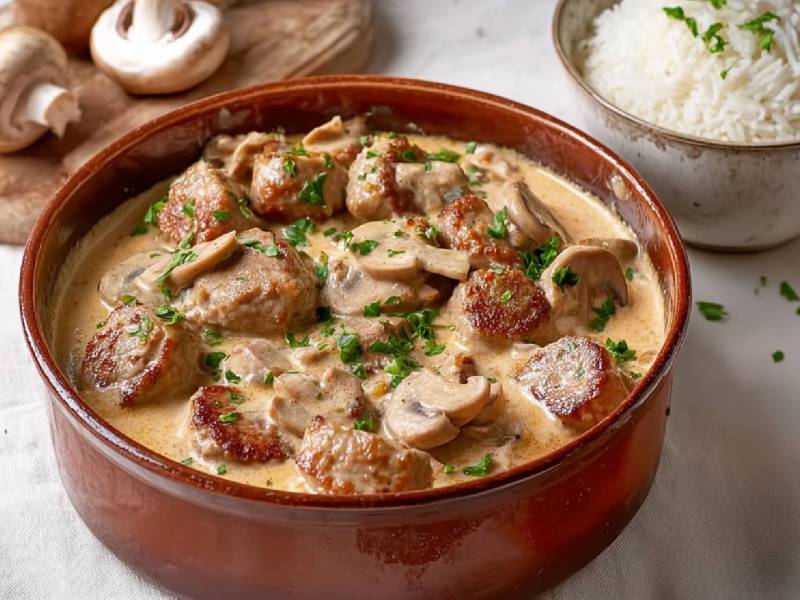 Filettopf mit Champignons und Schale Reis im Hintergrund