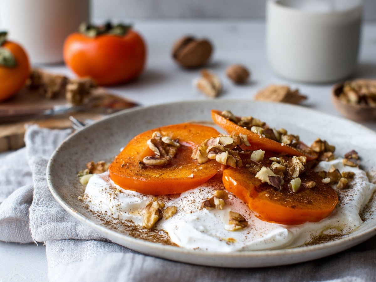 Ein Teller mit gebackener Gewürz-Kaki auf Kokosjoghurt. Im Hintergrund kann man frische Kakis erkennen. Der Teller steht auf einem hellen Tuch.