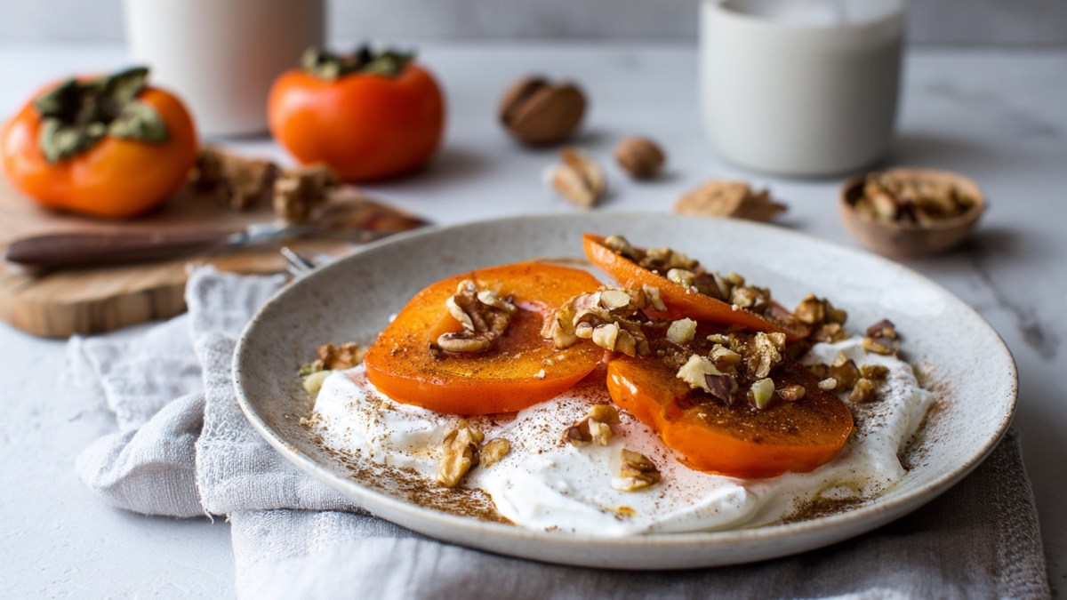 Ein Teller mit gebackener Gewürz-Kaki auf Kokosjoghurt. Im Hintergrund kann man frische Kakis erkennen. Der Teller steht auf einem hellen Tuch.