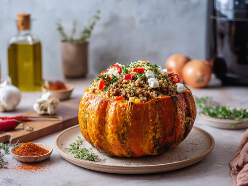 Ein gefüllter Kürbis aus dem Airfryer, der auf einem Teller serviert ist. Im Hintergrund kann man den Airfryer erahnen genauso wie frische Zutaten und Küchenutensilien.