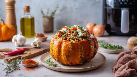 Ein gefüllter Kürbis aus dem Airfryer, der auf einem Teller serviert ist. Im Hintergrund kann man den Airfryer erahnen genauso wie frische Zutaten und Küchenutensilien.