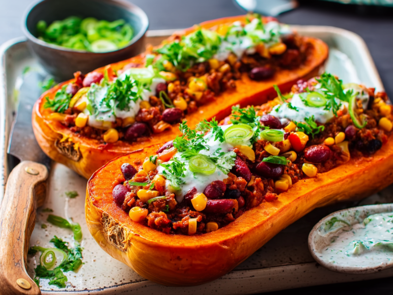 Ein Tablette mit zwei Hälften gefüllter Kürbis mit Chili con Carne. Daneben liegt ein Messer und davor ein Schälchen mit Schmand-Dip.