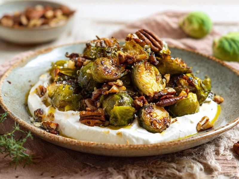 Ein Teller gerösteter Rosenkohl mit Whipped Feta.