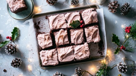 Draufsicht: ein Glühweinkuchen vom Blech mit Frosting. Ringsum liegen Kiefernzapfen und Stechpalmenzweige. Außerdem liegt eine Lichterkette drapiert rund ums Blech. Weihnachtliches Ambiente.