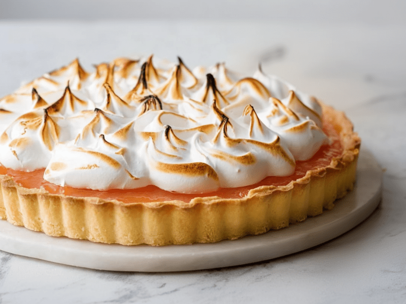 Ein großer Teller mit einer Grapefruit-Tarte mit Baiser.