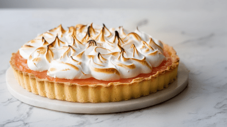 Ein großer Teller mit einer Grapefruit-Tarte mit Baiser.