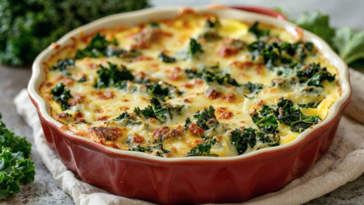 Grünkohl-Frischkäse-Auflauf auf einem Tisch