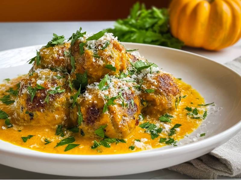 Teller mit Hackbällchen in Kürbis-Parmesansoße