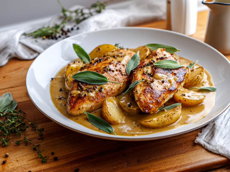 Hähnchen in Apfelsoße auf einem weißen Teller. Der Teller steht auf einem Holztisch. Links daneben liegen frische Kräuter. Im Hintergrund und rechts liegt ein Tuch.