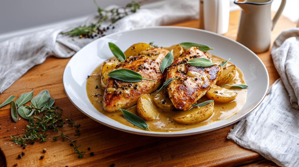 Hähnchen in Apfelsoße auf einem weißen Teller. Der Teller steht auf einem Holztisch. Links daneben liegen frische Kräuter. Im Hintergrund und rechts liegt ein Tuch.