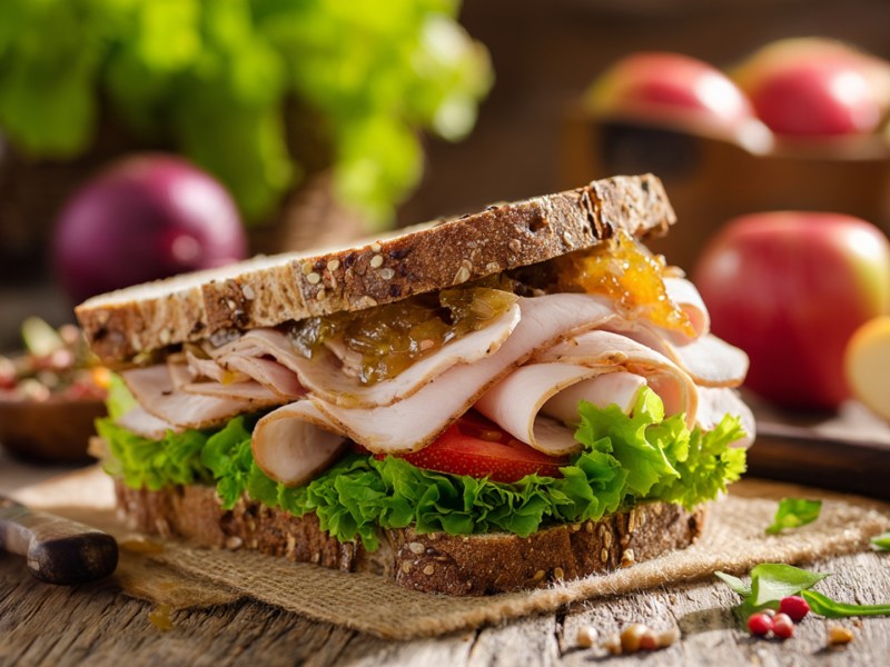Ein Hähnchen-Sandwich mit Apfel-Senf-Chutney, dass auf einer Stoffunterlage auf einem Holztisch liegt. Im Hintergrund kann man ein Glas mit Apfel-Senf-Chutney, eine Zwiebel, Salat und Äpfel erkennen.