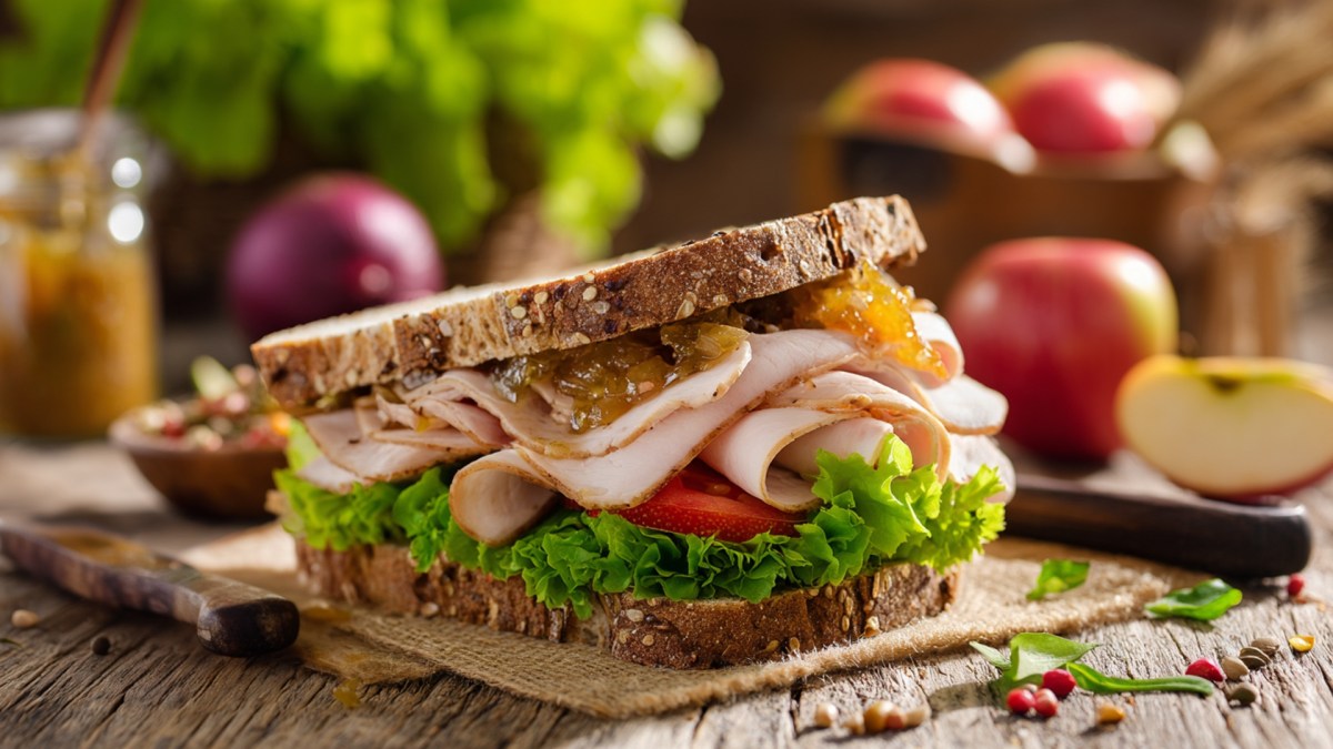Ein Hähnchen-Sandwich mit Apfel-Senf-Chutney, dass auf einer Stoffunterlage auf einem Holztisch liegt. Im Hintergrund kann man ein Glas mit Apfel-Senf-Chutney, eine Zwiebel, Salat und Äpfel erkennen.