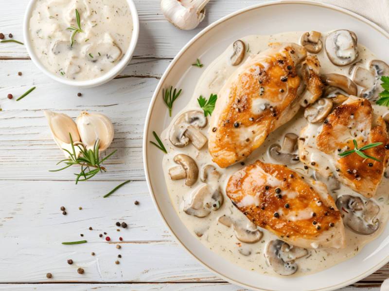 Teller mit Hähnchenbrust in Champignon-Senf-Soße