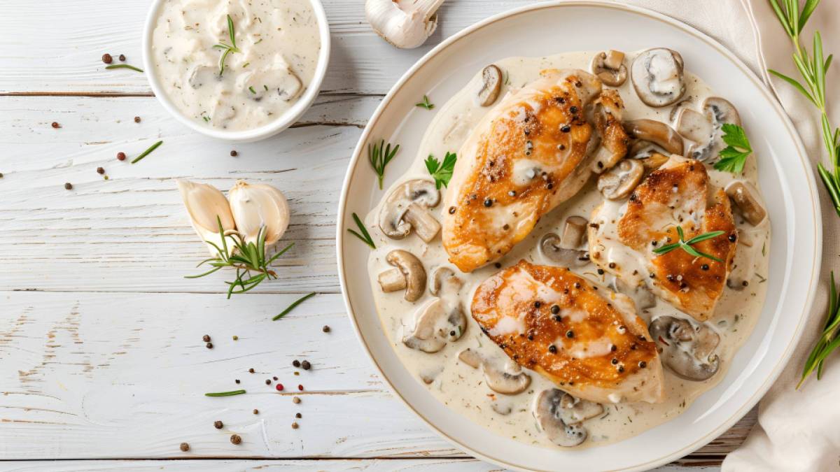 Teller mit Hähnchenbrust in Champignon-Senf-Soße