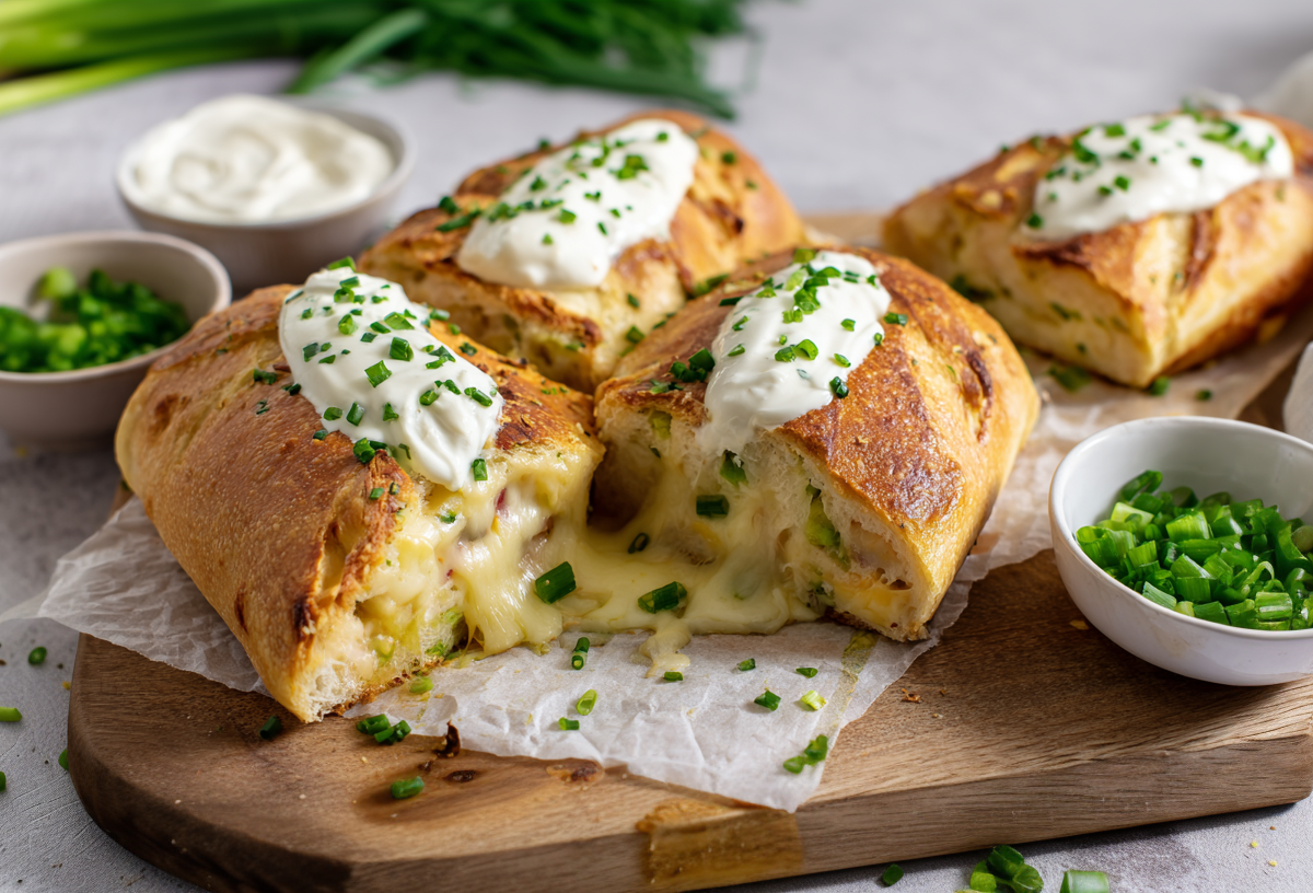 Ein zurechtgeschnittenes Handbrot liegt auf einem Holzbrett. Es ist mit Schmandsoße und Frühlingszwiebeln garniert.