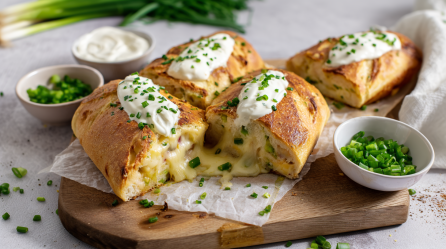 Ein zurechtgeschnittenes Handbrot liegt auf einem Holzbrett. Es ist mit Schmandsoße und Frühlingszwiebeln garniert.