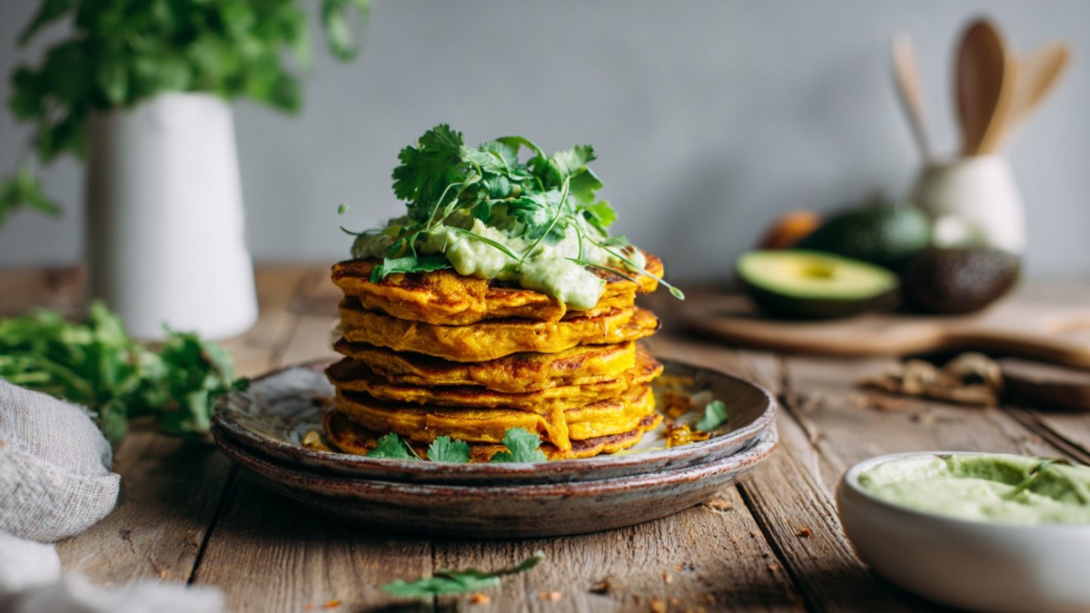 Ein Teller mit herzhaften Kürbis-Pancakes. Der Stapel ist mit einem Avocado-Kräuter-Dip und frischem Koriander garniert. Im Hintergrund kann man einige frische Zutaten erkennen.