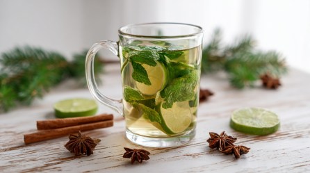 Eine Tasse Hot-Mojito-Punsch, daneben Gewürze und Limetten.