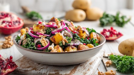 Ein großer Teller Kartoffel-Grünkohl-Salat mit Granatapfelkernen, roten Zwiebeln und Walnüssen. Ringsum liegen frische Zutaten, die im Salat verwendet wurden.