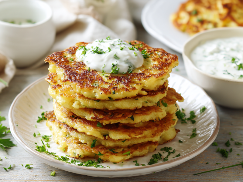 Ein Stapel Kartoffel-Käse-Pancakes auf einem weißen Teller. Sie sind mit einem Joghurt-Kräuter-Dip angerichtet. Im Hintergrund sieht man weitere Schalen mit Kräutern und noch einen Teller mit den Pancakes.