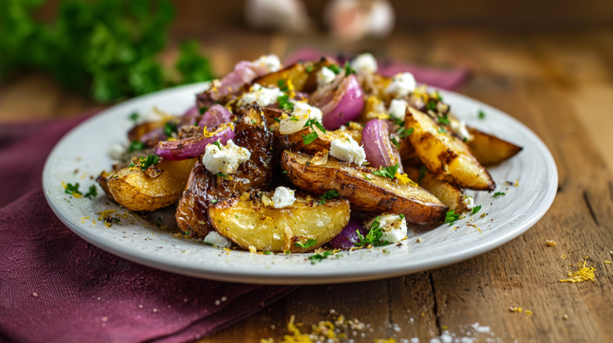Eine Teller mit Knoblauch-Feta-Kartoffeln auf einem Holztisch.
