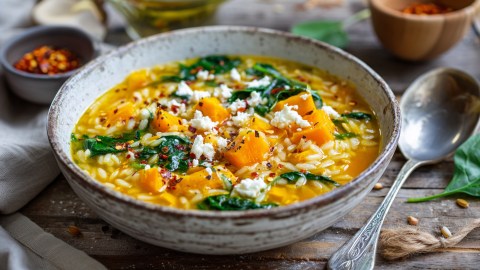 Eine Schüssel mit Kürbis-Feta-Orzo mit Spinat. Daneben liegt ein alter Silberlöffel. Ringsum sind kleine Schale mit Gewürzen zu erkennen.