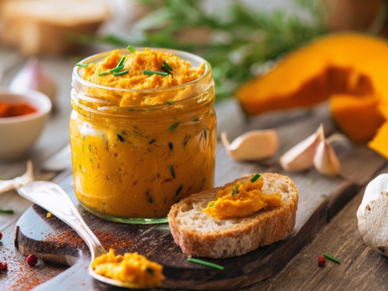 Ein Glas mit Kürbis-Senf-Aufstrich, das umgeben ist von frischen Zutaten wie Kürbisscheiben, einer Knoblauchknolle und Knoblauchzehen, Pfefferkörnern, frischen Kräutern und Brot. Neben dem Glas liegt ein Löffel mit etwas Aufstrich, genauso wie eine Brotscheibe mit etwas Kürbis-Senf-Aufstrich.