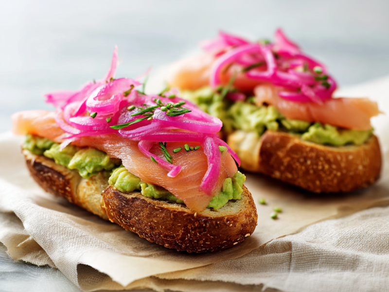 Zwei Hälften belegter Laugenstange mit Lachs und Avocado auf einem Packpapier.