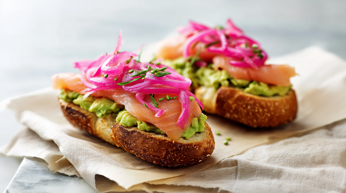 Zwei Hälften belegter Laugenstange mit Lachs und Avocado auf einem Packpapier.