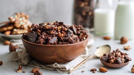 Eine Holzschüssel mit Lebkuchen-Granola. Daneben liegt ein Silberlöffel. Im Hintergrund kann man verschwommen einen Teller mit Lebkuchen sowie ein Glas mit Granola und Milchflaschen erkennen.