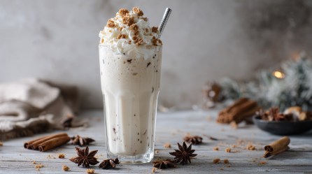 Ein Glas Lebkuchen-Milchshake, garniert mit Lebkuchen.