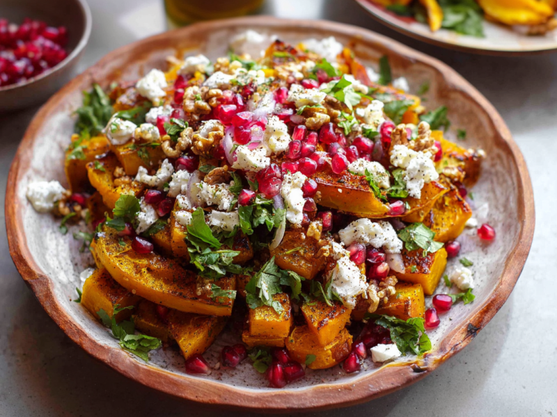Ein bunter Teller mit libanesischer Kürbissalat. Eine Schale mit Granatapfelkernen steht im Hintergrund.