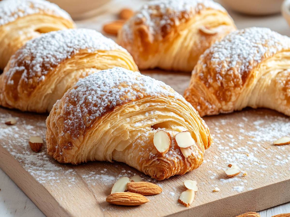 Mehrere Mandel-Croissants auf einem Brett