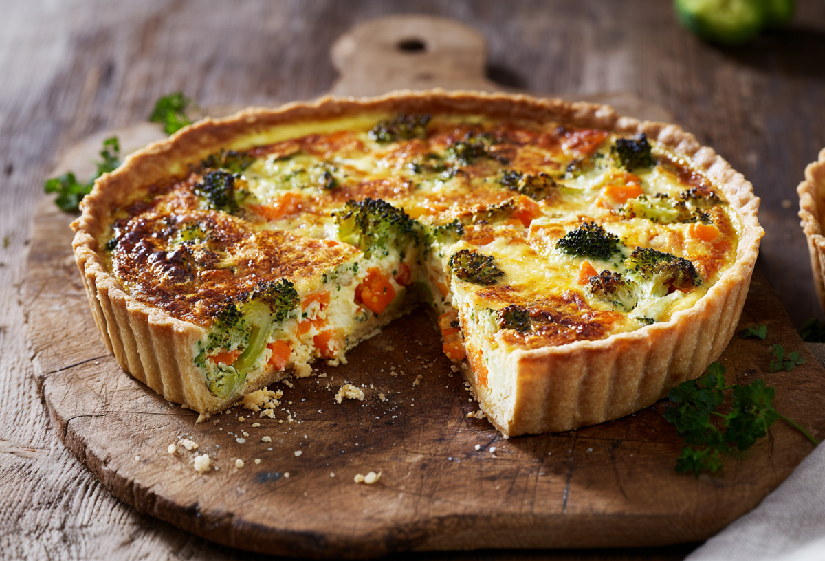 Eine Möhren-Brokkoli-Quiche auf einem rustikalen Holzbrett. Rechts neben ihr sieht man eine weitere Quiche.