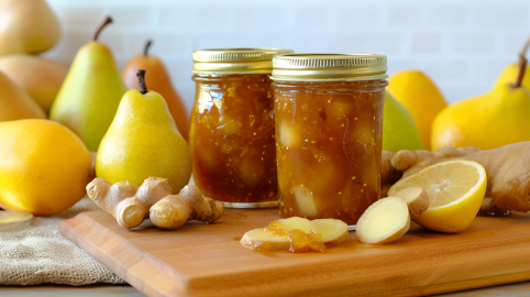 Zwei Gläser Nashi-Birnen-Marmelade auf einem Holzbrett. Im Hintergrund liegen zahlreiche Birnen. Neben und vor den Gläsern liegt etwas frischer Ingwer und eine angeschnittene Zitrone.