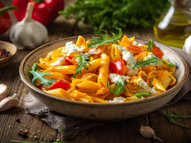 Eine Schale mit Nudeln mit Ofenkürbis-Paprika-Soße. Zuaten wie frischer Knoblauch und Pfeffer stehen als Deko außen herum.
