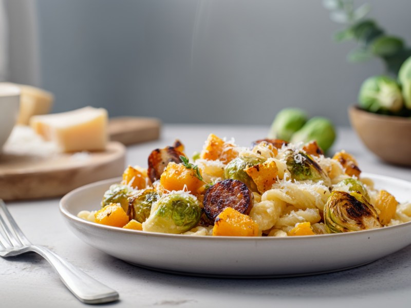 Ein Teller mit einer Portion Nudelpfanne mit Kürbis, Rosenkohl und Würstchen. Im Hintergrund kann man etwas Kürbis, Rosenkohl und ein Stück Parmesan erkennen. Minimalistisches Küchensetting.