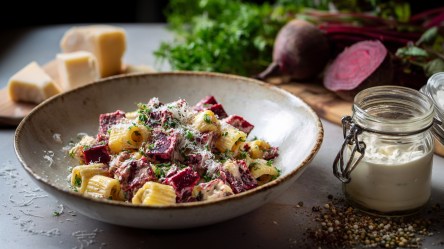 Ein Teller Pasta mit Roter Bete und Crème fraîche. Ringsum und im Hintergrund kann man frische Rote Bete, Stücke Parmesan und ein Glas mit Crème fraîche erkennen.