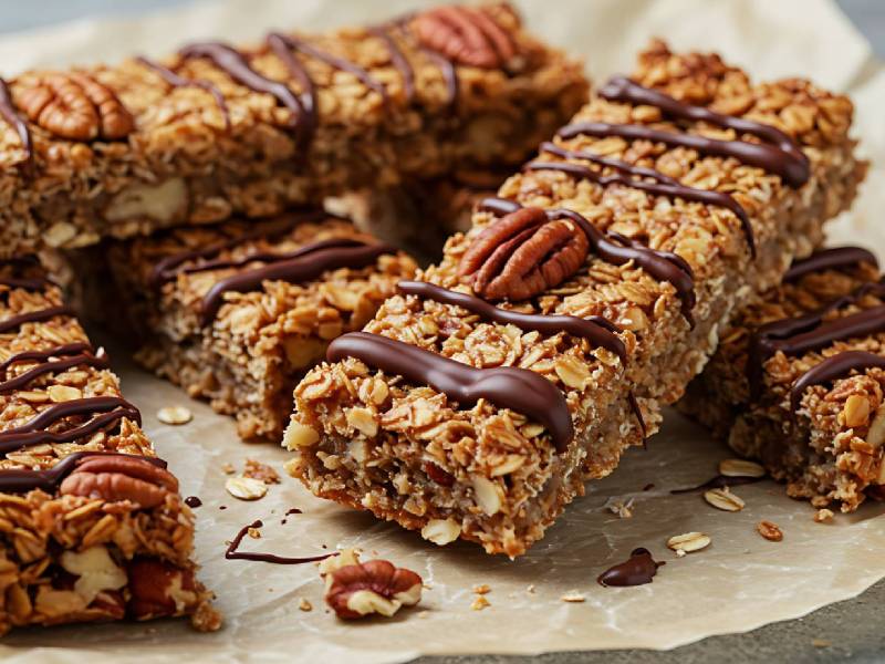 Backpapier mit mehreren Pekannuss-Haferflocken-Riegel darauf verteilt