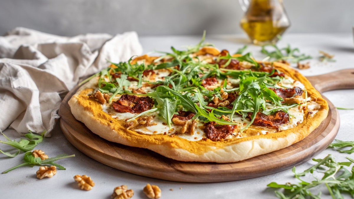 Ein rundes Holzbrett, auf dem eine Pizza mit Kürbissoße, Chorizo und Rucola liegt. Ringsum liegen ein paar Walnüsse und frischer Rucola verstreut.