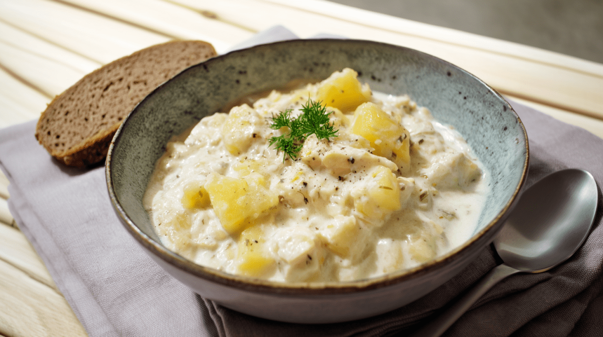 Plokkfiskur in einer grauen Schüssel. Im Hintergrund liegt eine Scheibe Brot. Rechts neben der Schale liegt ein Löffel.