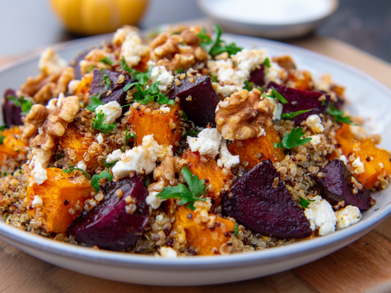 Eine Quinoa-Bowl mit Kürbis und Rote Bete sowie Walnüssen und Feta. Garniert mit frischen Kräutern.