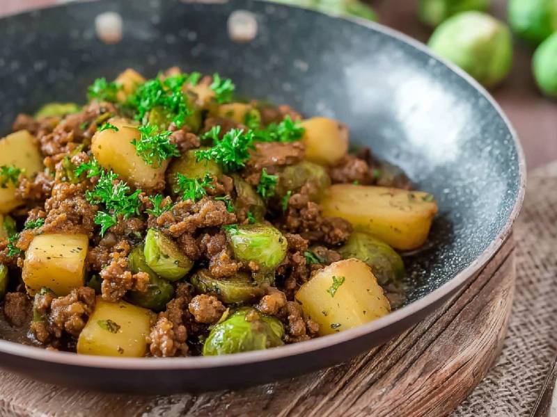 Rosenkohl-Hackfleischpfanne mit Kartoffeln auf einem Tisch, Rosenkohl im Hintergrund und Gabel daneben