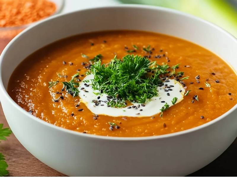 Schale mit roter Linsensuppe mit Lauch