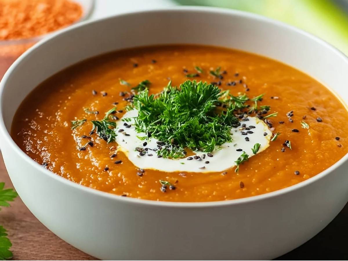 Schale mit roter Linsensuppe mit Lauch